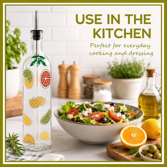 17oz Hand Painted Glass Olive Oil Bottle - 500ml Green Oil & Vinegar Cruet with Pourers - Olive Oil Carafe Decanter for Kitchen (Fruit)
