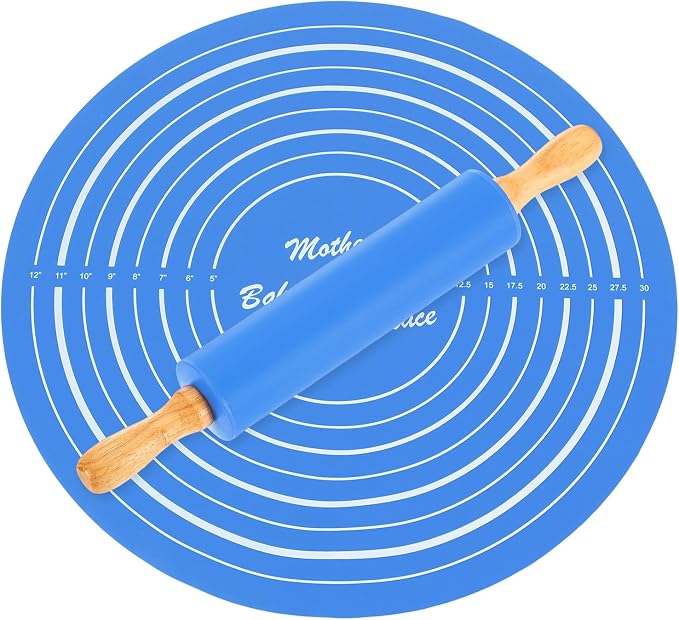 uxcell 6.7 Inch Silicone Rolling Pin and Pastry Baking Mat Set Small Dough Roller with Wood Handle for Pizza Pastry Fondant Home Kitchen, Blue