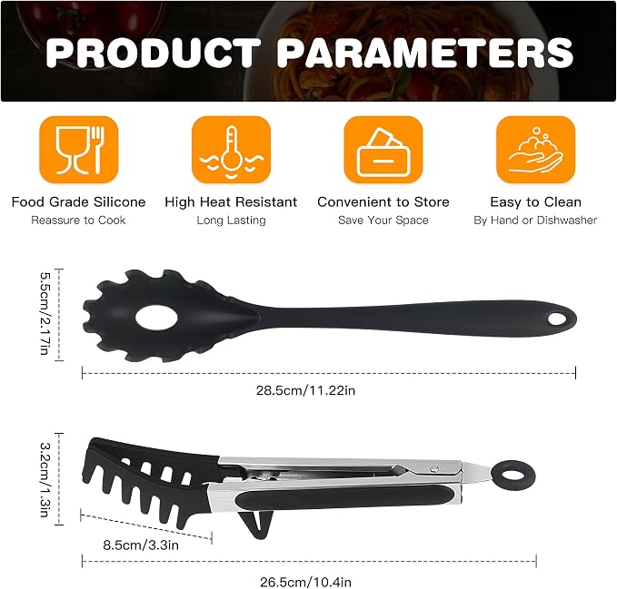 Silicone Pasta Tongs and Spaghetti Spoon Set with Non-Slip Silicone Teeth, 12-Inch Spoon and 9.8-Inch Tongs, Heat Resistant Kitchen Utensils with Storage Holes, Dishwasher Safe (black)
