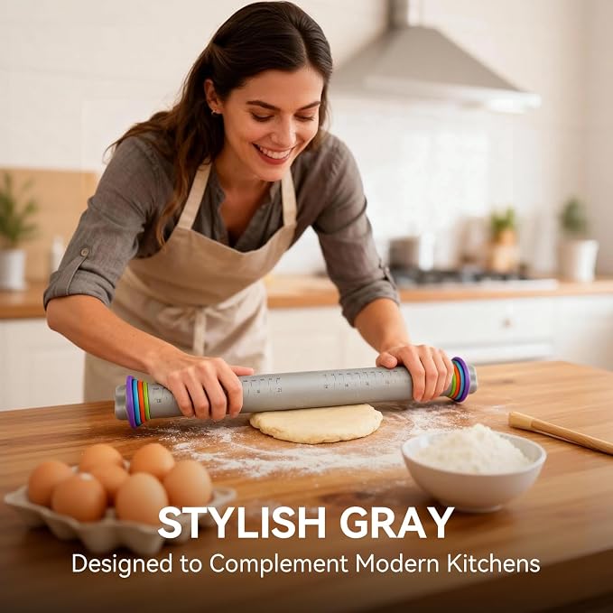 Adjustable Rolling Pin with Thickness Rings, Silicone Dough Roller | 4 thickness rings, Non-stick silicone surface, Stainless steel core, 12.8" rolling pin, For pizza pastry cookie baking