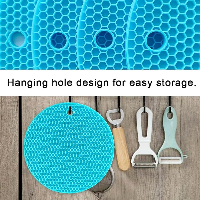 7-Inch Round Silicone Trivet Mats - 4-Pack Non-Slip Heat Resistant Hot Pads for Kitchen Countertops, Pots and Pans (Blue)
