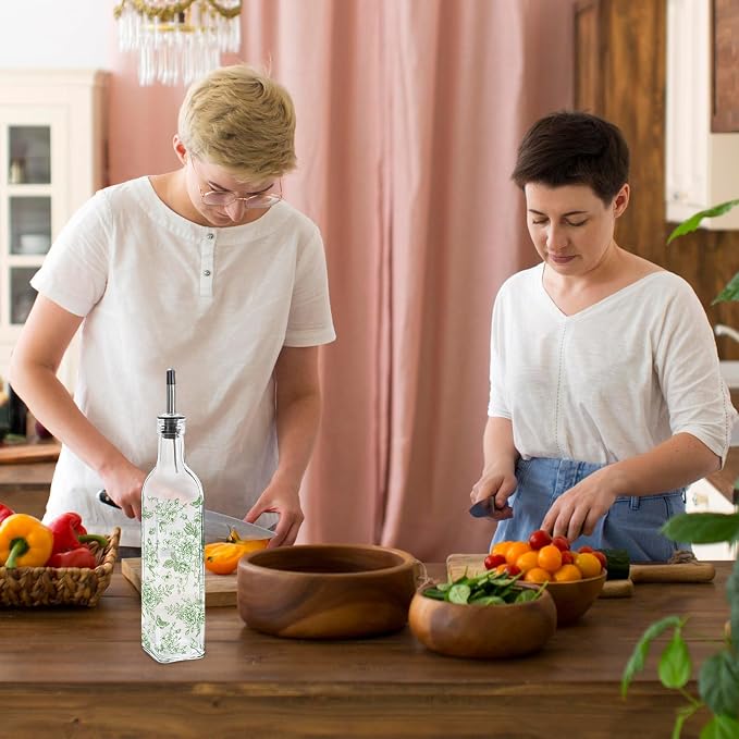 JarThenaAMCS Chinoiserie Olive Oil Dispenser Bottle Green Floral Glass Cruet Bottle with Spout Cooking Vinegar Container for Home Kitchen Table Countertop Decor