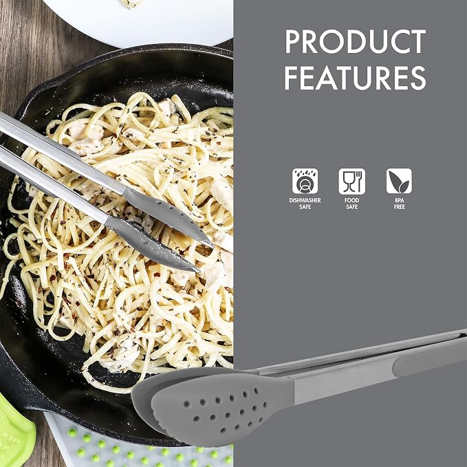 Dexas Spoon & Strain Tongs with Gravity open & Close Operation, 12", Gray