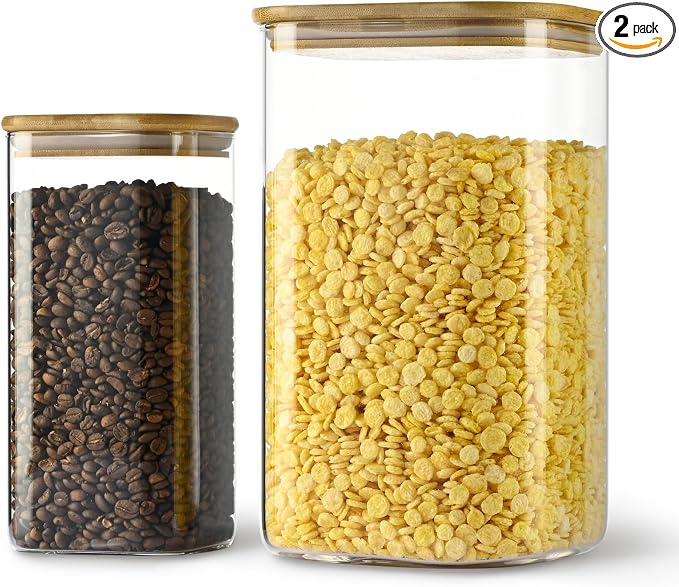 D2scrma 149oz 50oz Airtight Glass Square Storage Canister with Bamboo Lid Set of 2(4400ml*1 1500ml*1) Large Gallon Glass Jars for Sugar, Flour, Cookies and Coffee beans (‎with Black Lable)