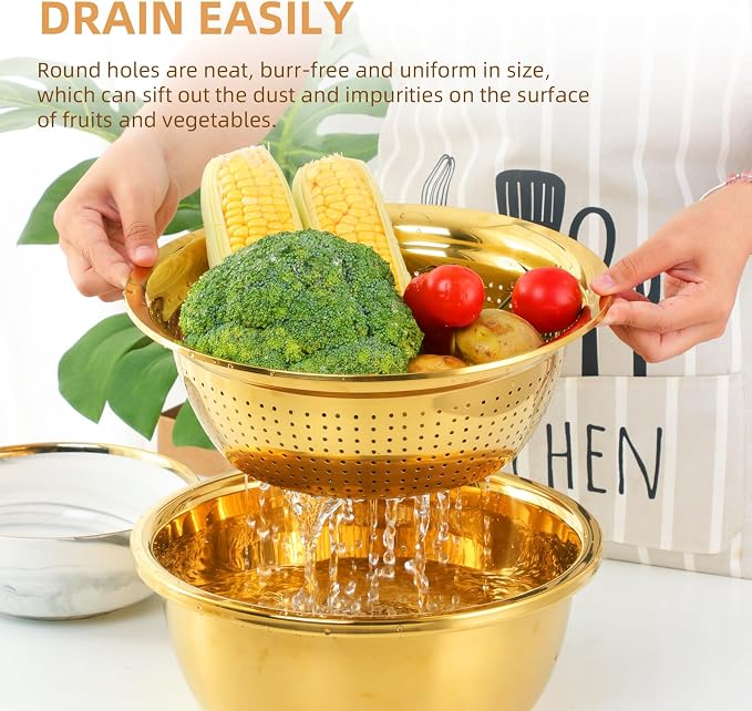 Meisha Colander, 3Pcs Stainless Steel Kitchen Tool 3 in 1 Drain Basket Fruit and Vegetable Cutter Strainer Bowl Set Drain Pot Basket Grater for Fruits Vegetables Rice Washing Mixing, - Iridescent