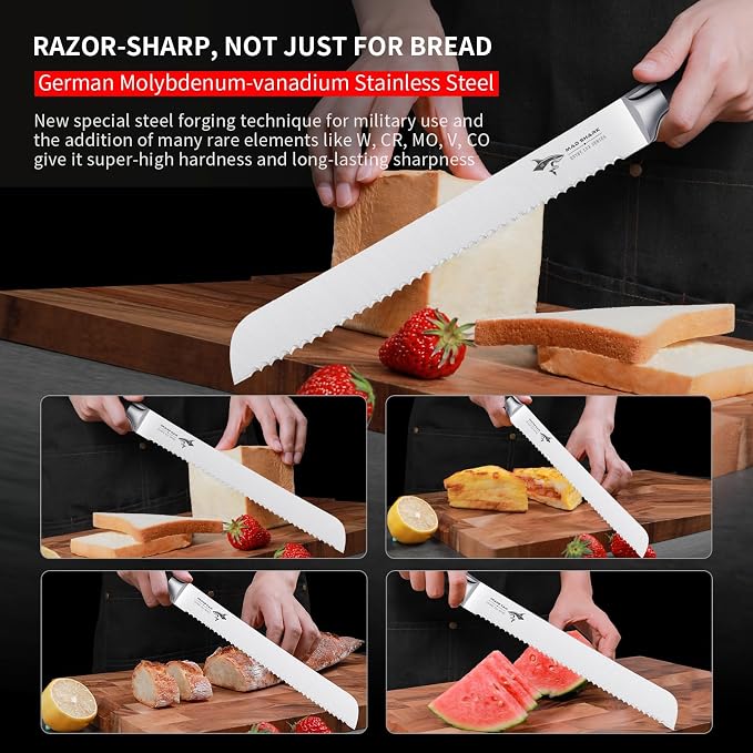 MAD SHARK Bread Knife, Sourdough Bread Knives, Bread Cutter Razor Sharp Edge for Efficient Slicing Sourdough, Bagels, Cake Cutter,8 Inch Serrated Knife