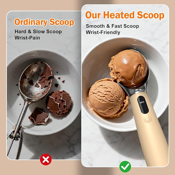 Heated Ice Cream Scoop for Hard Ice Cream, 3-Temp Electric Cordless Ice Cream Scooper, Rechargeable USB-C Fast Charge with LED Display, IP67 Waterproof Head, Easy to Clean - Cream