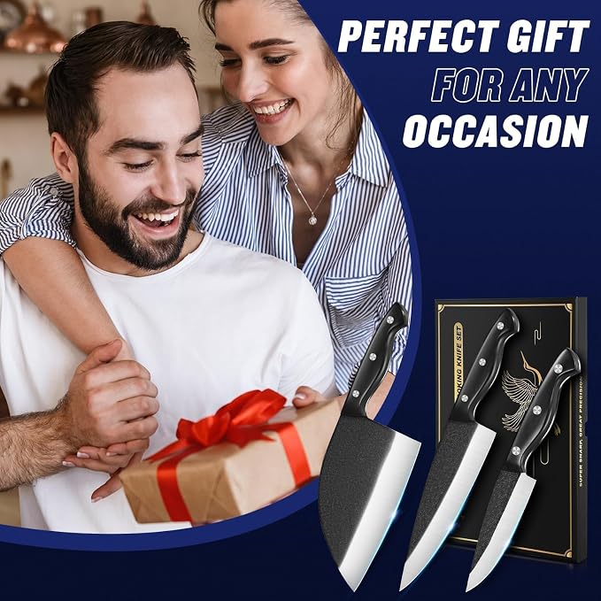 SSGP Butcher Knife Set of 3- Japanese Knife Set for Meat Cutting, Hand Forged Viking Knives Sets with Meat Cleaver, Heavy-Duty Kitchen Knives Sets for Bone BBQ Vegetable, Cooking Gifts for Men Dad