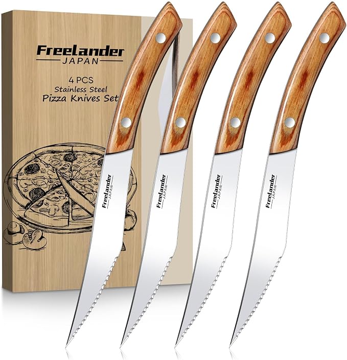 Freelander 4-Piece Pizza Knife Cutter Set, Sharp Serrated Stainless Steel Blades, Full Tang Forged Design, Ergonomic Non-Slip Handle,Durable, Rust-Resistant & Dishwasher Safe,Christmas