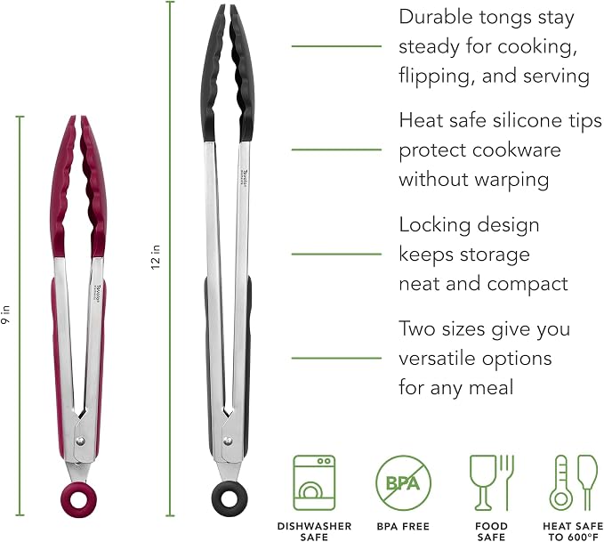 Tovolo Stainless Steel Tongs with Silicone Tip Set 9" 12" with Easy Lock Mechanism for Grilling Air Fryer Cooking Serving Salad, Heat Resistant Silicone Tipped Kitchen Tongs Sangria Red Black