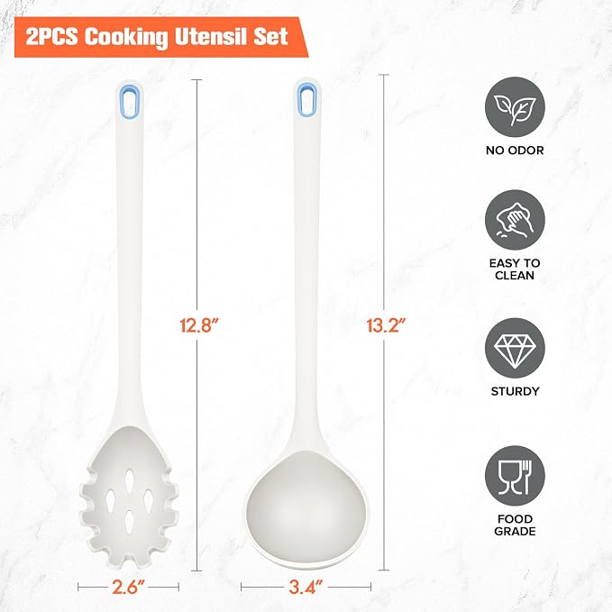 Silicone Spaghetti Spoon&Soup Ladle Cooking Utensils Set of 2,No Scratch for Nonstick Cookware,BPA Free, 450℉ Heat Resistant (White)