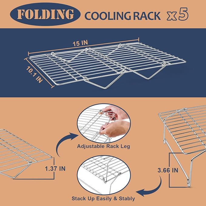 E-far 5-Tier Cooling Rack, 15”x10.1" Stainless Steel Stackable Wire Cooling Rack for Baking Cooking, Folding Leg & Non-toxic, Oven Safe & Dishwasher Safe