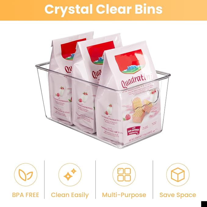YIHONG 4 Pack Clear Storage Bins, Pantry Organizer Bins with Handle, Small | Plastic Bins, Pantry Storage Containers for Kitchen, Freezer, Cabinet, Closet, Bathroom, Under Sink Organizers and Storage