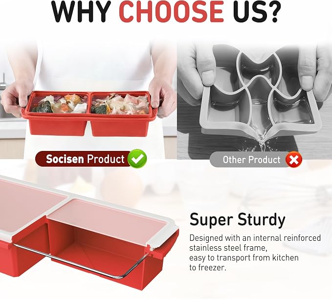 Silicone Freezer Tray with Lid Soup Freezer Container Molds with Steel Reinforced Rim Ice Cube Freezer Molds for Soup, Sauce, Leftovers, Homemade Meal Prep Containers Kitchen Accessories