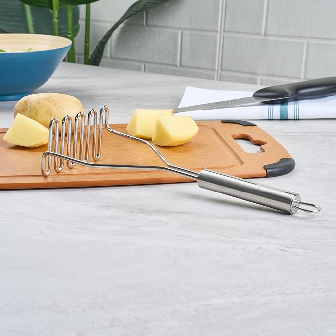 Restaurantware Stainless Steel Potato Masher - German Standard Heavy Duty Vegetable Masher, Ergonomic Handle, Dishwasher Safe - Avocado Guacamole Masher for Potatoes, Beans