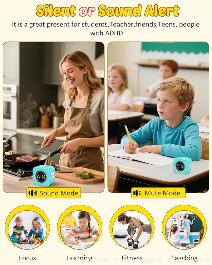 Digital Pomodoro Timer Cube 5/10/25/50min, Visual Productivity Flip Timer for Kids Classroom Desk, Custom Countdown, Silent and Sound Mode for ADHD Study Work Game Kitchen (Mint Green)