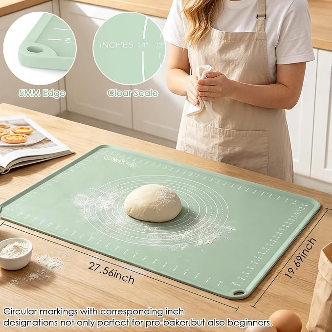 Extra Large Silicone Baking Mat for Countertops, Extra Thick 28" x 20" Non-Slip Pastry Mat with Raised Edges and Measurements, Food-Grade Dough Rolling Sheet for Kneading, Pizza, Bread,Fondant