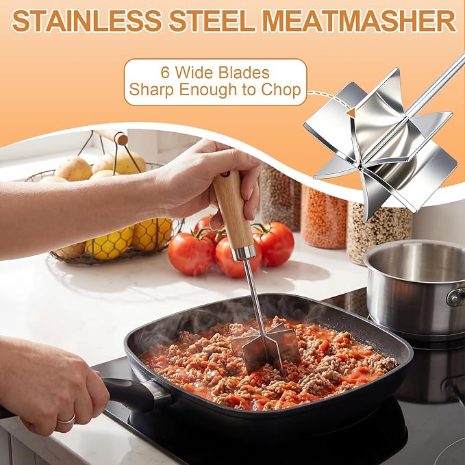 Stainless Steel Meat Chopper, 6 Curve Blades Beef Masher with Wooden Handle | 11 Inch Potato fruits Masher and tenderizes meat Hamburger Smasher, Mix and Chop Kitchen Tool for Taco Meat