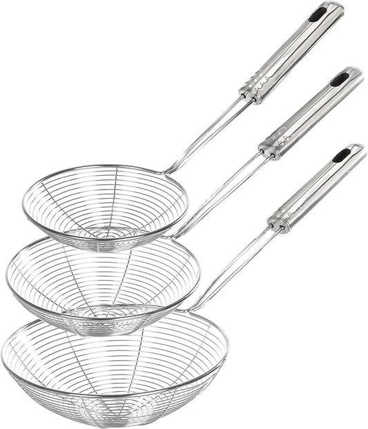 Enhanced Version Stainless Steel Spider Strainer Skimmer Ladle, Set of 3 Sizes Kitchen Strainer Spoon for Cooking and Frying, Pasta Strainer, Food Preparation-32.5cm, 36cm, 38cm