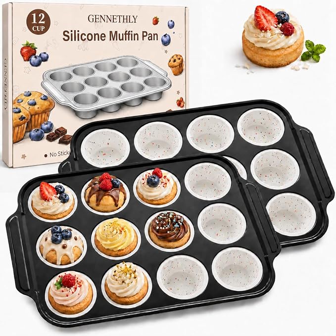 2 Pack Silicone Muffin Pans for Baking, 12-Cup Muffin Tin with Metal Frame | 2 Pack value, 12-Cup muffin pans, Reinforced metal frame, Easy release cups, Nonstick silicone, Oven & dishwasher safe
