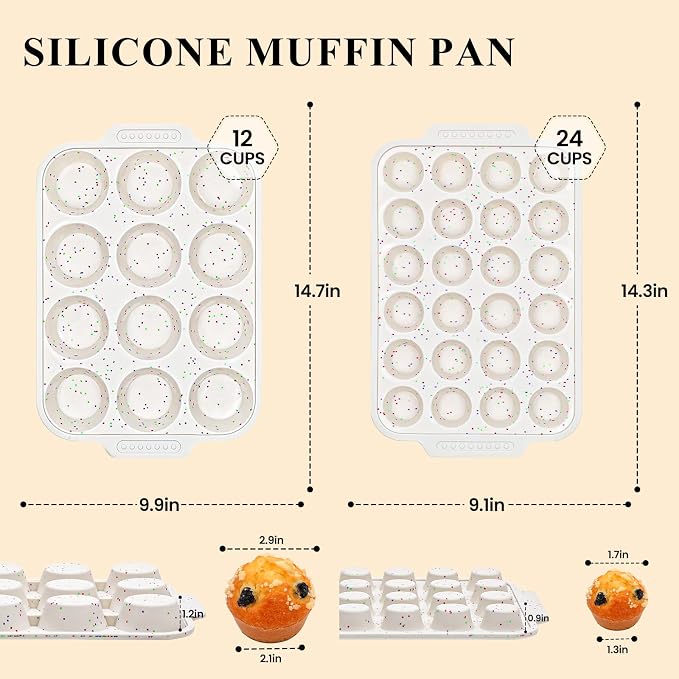 Vinino 12 Cup and 24 Cup Silicone Muffin Pans with Reinforced Frame, Cream | Silicone Muffin Pans Set for Baking with Non-Slip Handle, Nonstick Muffin Tray for Oven, BPA Free, Dishwasher Safe-Cream