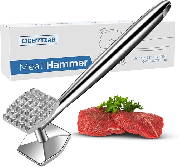 Lightyear Meat Hammer 304 Stainless Steel Meat Tenderizer Tool, Kitchen Mallet for Cooking, Ice Cracking, Shellfish Prep, Crush Spices and Nuts with Ease - All Metal Food Hammer for Daily Use