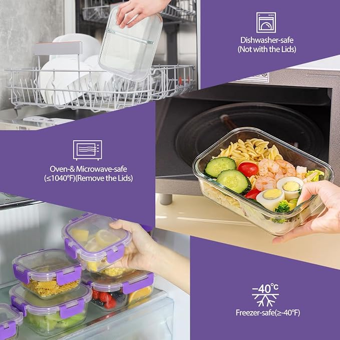 AMALEKO 42pcs Glass Food Storage Containers with Lids Set, 21 Containers & 21 Lids Glass Meal Prep Containers with Snap Locking Lid Set, Leak Proof Lunch Container BPA-Free,Purple