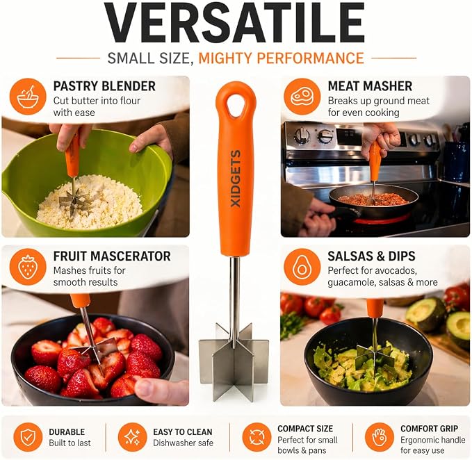 Stainless Steel Mini Meat Chopper & Cocktail Muddler| 6-Blade Chopper Tool | Small Smasher | Compact Ergonomic Handle | Dishwasher Safe - 7" (Retro Orange Mini)