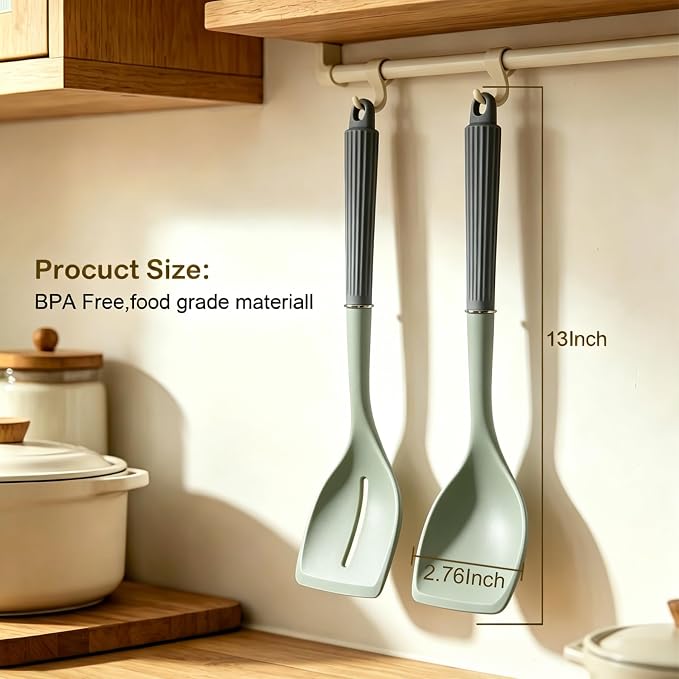 2 Pack Silicone Cooking Spoon Spatulas, 13Inch Non Stick Large Rubber Solid Slotted Spoon Set for Mixing, Draining, Scraping, Heat Resistant Kitchen Utensils, Green+Grey