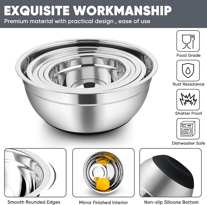 TeamFar Mixing Bowls with Lids Set, 7/3.5/2.5/1.5/1 QT, Stainless Steel Large Metal Salad Nesting Bowl, Non-Slip Silicone Bottom & Airtight Lid, Healthy & Deep - Set of 5(Black)