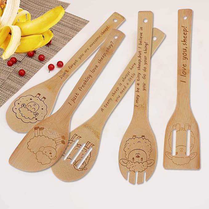 5PCS Sheep Wooden Cooking Spoons Set Bamboo Cooking Spoons | Sheep Kitchen Decor Housewarming Wedding Anniversary Thanksgiving Christmas for Mom Women Animal Lovers