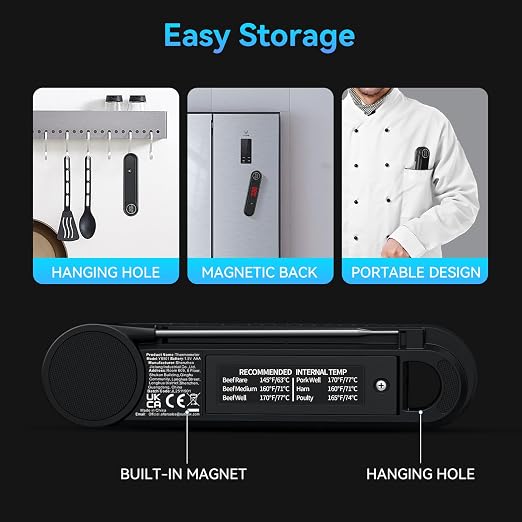 0.3s Ultra‑Fast Instant Read Meat Thermometer, IP67 Waterproof Food Thermometer with Rotating Display & Calibration Function for Grill BBQ Frying Kitchen Cooking(Black)