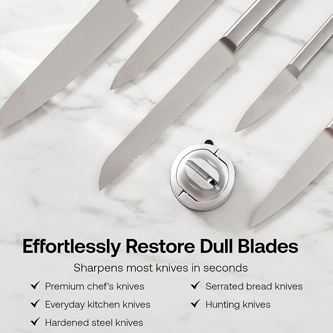 AnySharp – Evo – Hands Free Knife Sharpener - Easy to Use Sharpening Tool with Improved PowerGrip Suction Base and 20-Deg Pre-Set Angle - for All Knives: Chef's, Serrated, and Hardened Steel - Silver