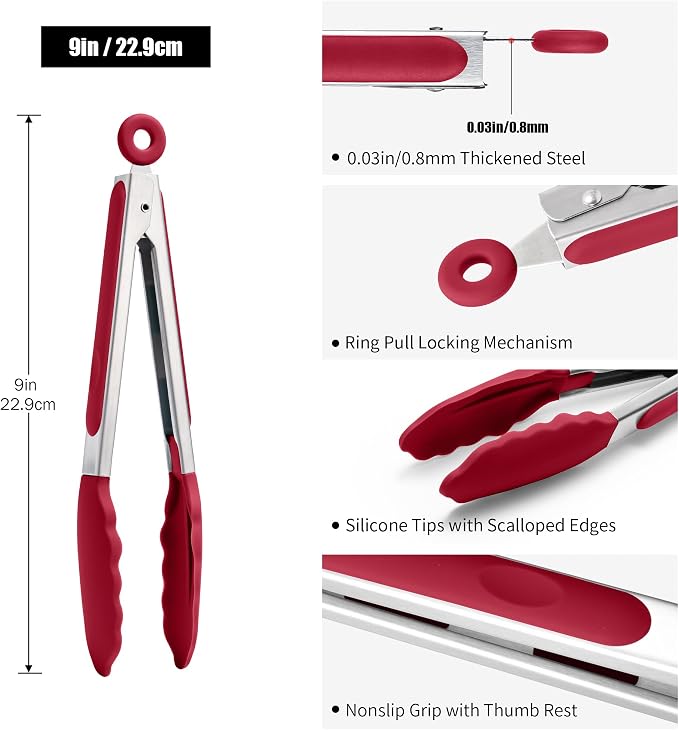 Doosu Kitchen Tongs for Cooking - 600°F Heat Resistant Food Tong with Non-Scratch Silicone Tips, Heavy Duty Stainless Steel Locking Tong for BBQ, Grilling Steak, Serving Salad, Pasta (9in, Red)