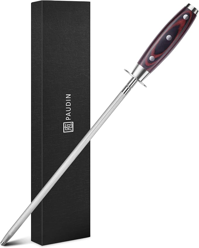 PAUDIN Honing Rod, Knife Sharpener Rod 12 inch, Professional Kitchen Knife Sharpener, High Carbon Knife Sharpening Steel with Ergonomic Pakkawood Handle, Honing Steel for All Chef Knives