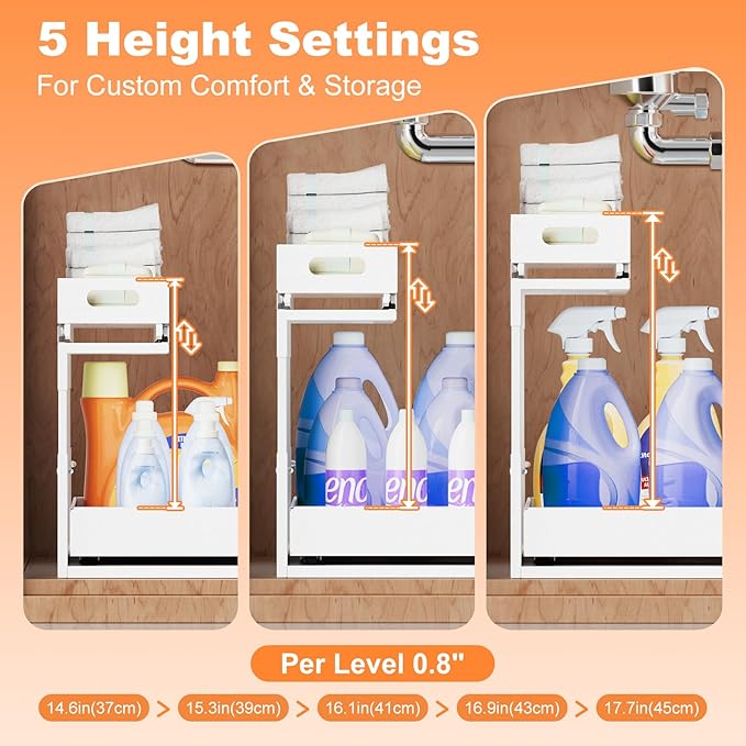 Upgrade 1 Pack Expandable Under Sink Organizer: 2-Tier Pull Out Cabinet with 3 Heavy-Duty Ball-Bearing Slide Rails, Tool-Free Height Adjustable, Slide-Out Drawers for Kitchen, Bathroom, Laundry