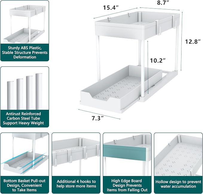 MEAFBIRD 2 Pack Under Sink Organizer, 2 Tier Bathroom Cabinet Organizer with Sliding Basket, Multi-Purpose Under Sink Organizers and Storage for Bathroom Kitchen (White 2 Pack)