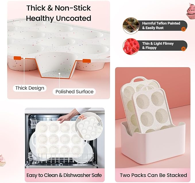 Silicone Muffin Pan with Metal Reinforced Frame - Mini Muffin Pan for Homemade Muffins, Cupcakes, and Bread, Oven and Dishwasher Safe - Set of 2, 6-Cup and 12-Cup