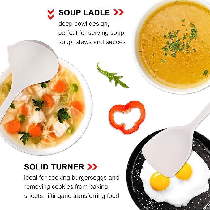 Silicone Cooking Utensils Set 5 Pcs Large Non-Stick Kitchen Utensils Set, Wooden Handle Heat Resistance Turner Soup Ladle Spoon Silicone Cooking Kitchen Gadgets BPA Free for Nonstick Cookware