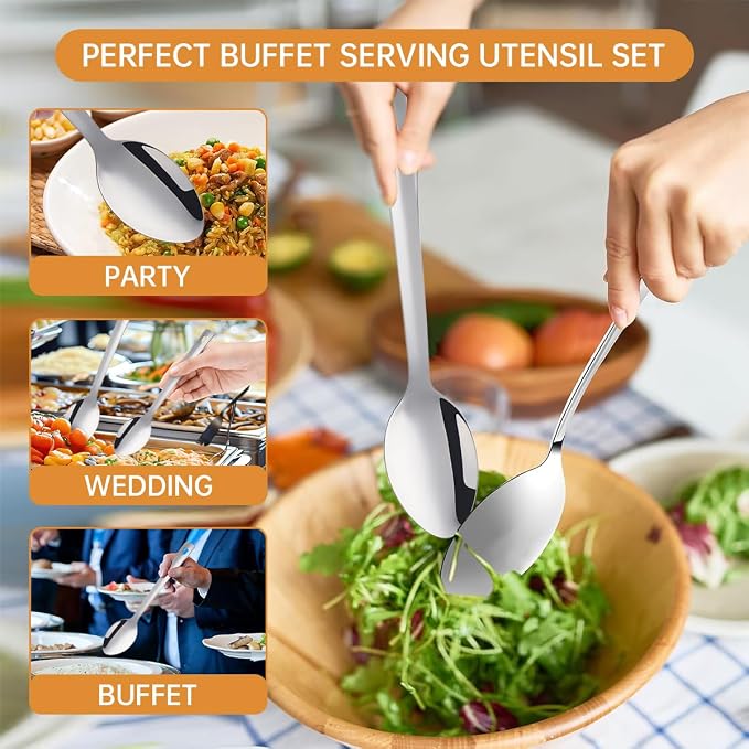13-Inch Large Stainless Steel Serving Spoons Set, Long Handle Buffet Utensils, Dishwasher Safe (Silver, 6 piece)