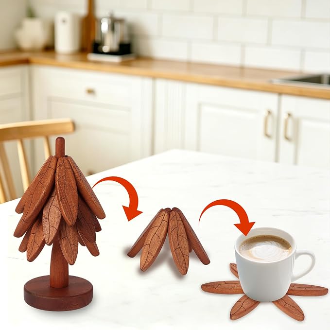 4-Piece Sapele Wood Tree Coaster Set with Stand | Leaf Pattern Trivets for Hot Dishes Pots Teapots | Heat Resistant Kitchen Trivet Set | Natural Wood Home Decor (Texture- 4 Pcs)
