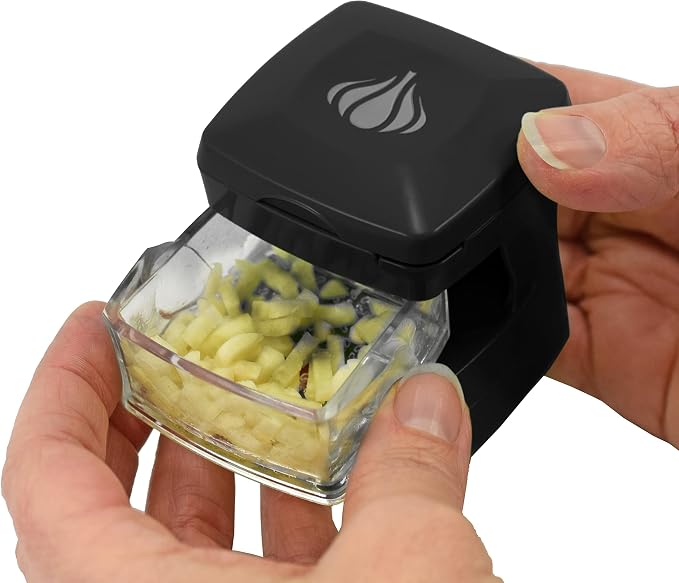 Garlic-A-Peel Garlic Press, Crusher, Cutter, Mincer, and Storage Container - Includes Silicone Garlic Peeler - Easy to Clean - Stainless Steel Blades – (Black), standard