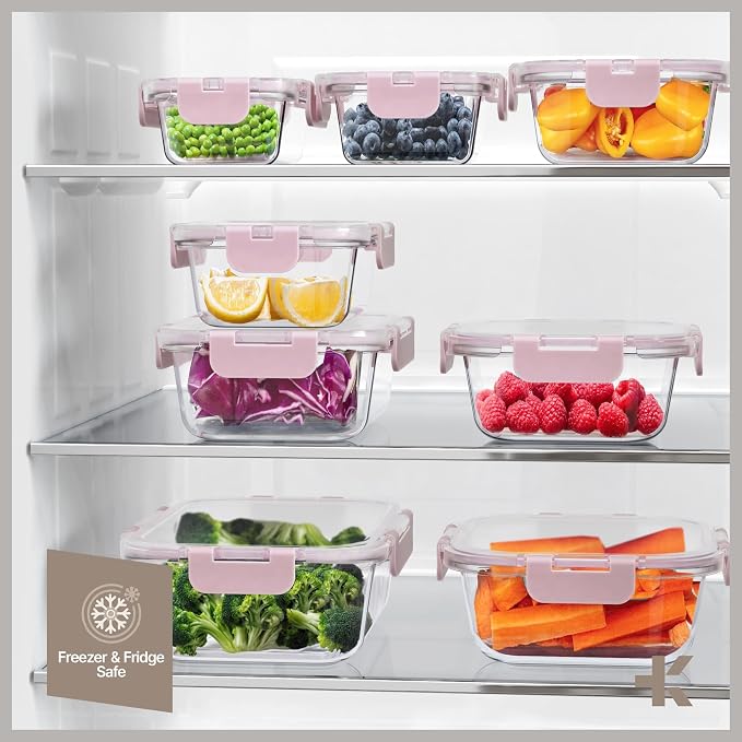 Bakken Borosilicate Glass Food Storage Containers with Lids 24 Pieces, BPA-Free Stackable Lunch & Leftover Containers, Microwave, Freezer & Dishwasher Safe, 100% Airtight Leak-Proof, Pink
