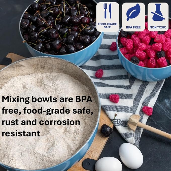 Stainless Steel Mixing Bowls Set, 3-Piece with Silicone Base | 1.5, 3 & 5 Qt Metal Bowls for Meal Prep, Baking, Cooking, Serving & Food Storage, Non-Slip Base, Dishwasher Safe, Blue