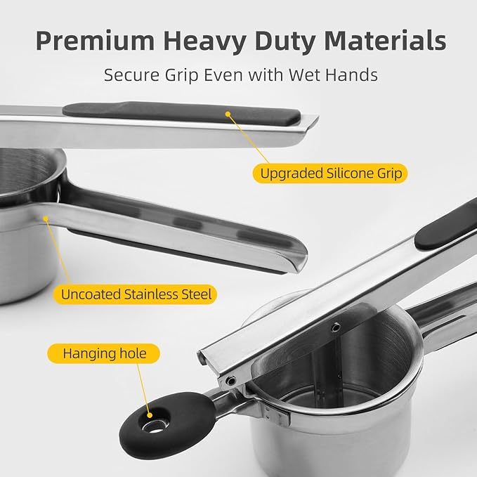 Stainless Steel Potato Ricer, Deep Bowl Potato Masher with Non-Slip Silicone Handle, Easy-Clean Durable Multi-Purpose Mashed Potato Ricer for Potatoes, Tomatoes and Soft Fruits(PR-01)