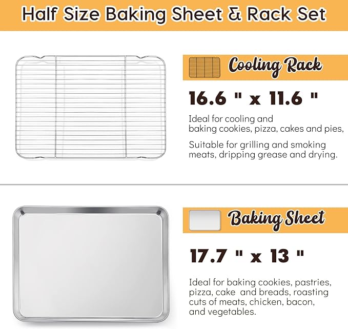 E-far Cookie Sheet with Rack Set, 18”x13” Baking Pan for Oven Roasting | Stainless Steel Half Sheet Rimmed Tray with Wire Cooling Rack, For Cooking Broiling Bacon Meat Steak, Dishwasher Safe