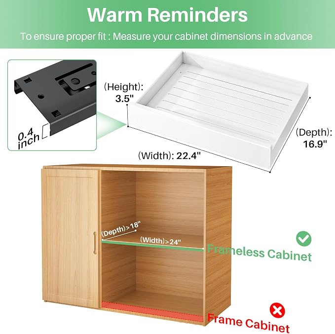 Pull Out Cabinet Organizer with Nano Adhesive, Heavy Duty Full-Extension Slide-Out Drawer for Kitchen Cabinet Organizers and Storage, No Drill Roll out Pantry Shelf, 22.4"W x 16.9"D x 3.1"H , White