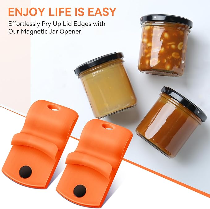 2 Pack Canning Jar Opener with Magnets, Mason Jar Opener For Canning Lids, Regular and Wide Mouth Lids, Powerful Magnet for Easy Refrigerator Storage, Releases Vacuum Seal– Patent Pending(Orange)