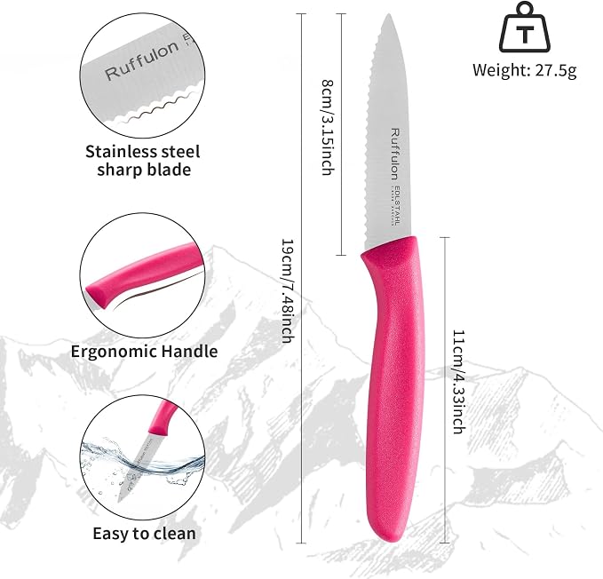 Stainless Steel Paring Knife With Serrated Blade, 6 Pieces Set Vegetable and Fruit Knife, Ultra Sharp Small Kitchen Knife, Rosy Paring Knives with PP Plastic Ergonomic Handle.