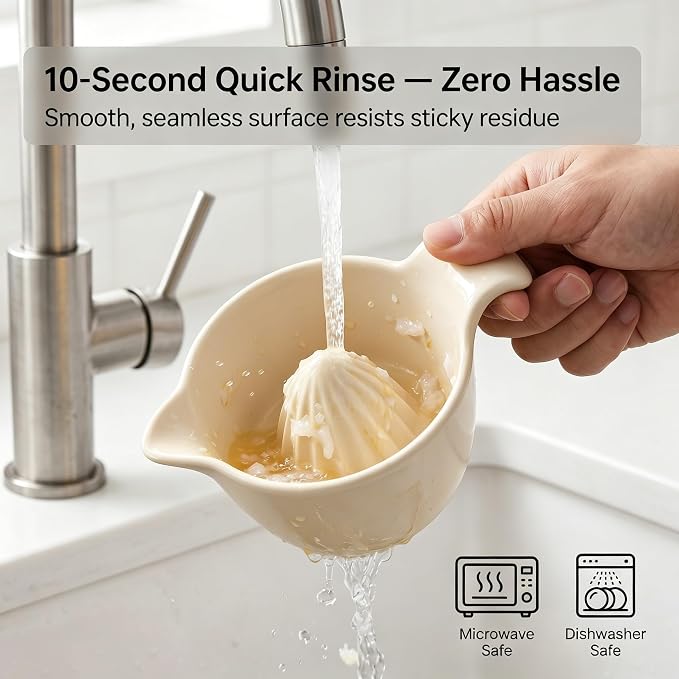 4 inch Ceramic Lemon Squeezer - Manual Citrus Juicer with Handle and Easy Pour Spout for Lemon, Orange, Lime&Grapefruit -Easy to Clean Hand Press Juicer,Microwave & Dishwasher Safe,Lead-Free (Beige)